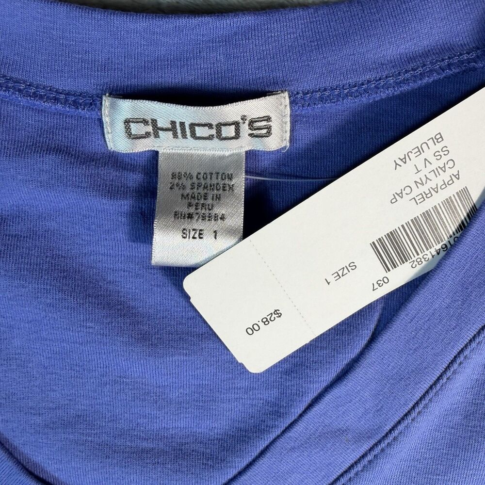 Chico’s Ultimate Tee Medium (1) Blue Cap Sleeve V-Neck T-shirt Cotton NWT - Picture 2 of 3